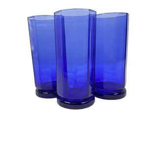 Vtg Anchor Hocking Cobalt Blue 10 Panel Essex Tall 16 Oz Tumbler Glasses Set 3